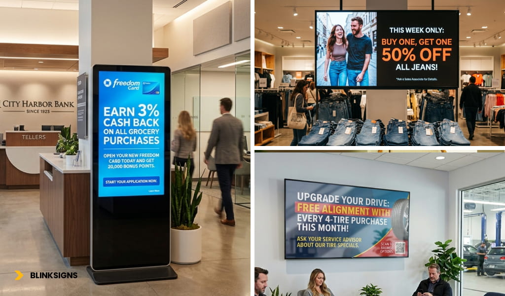 collage of three images showing different use cases of digital signages in retail environment, car dealership showroom and in bank.