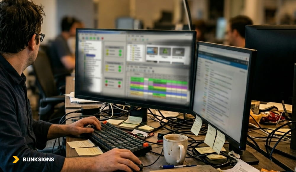 1. A man works on a computer with two monitors, focusing on traditional digital signage content management.