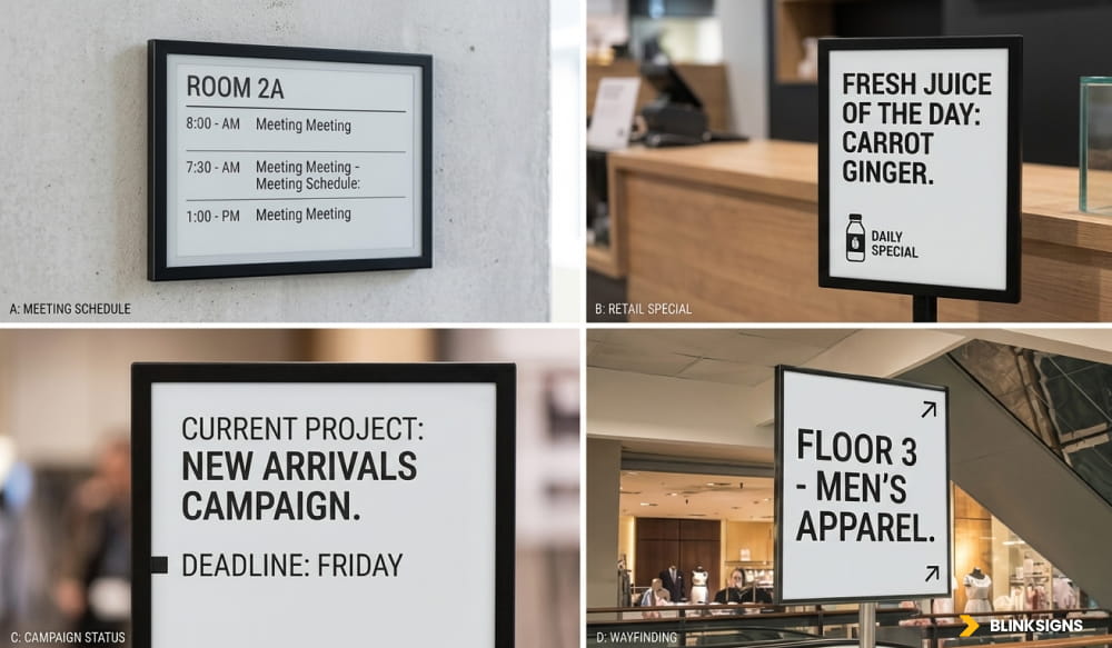 meeting room door with small e-paper booking display showing schedule, modern office hallway, minimal design, photorealistic