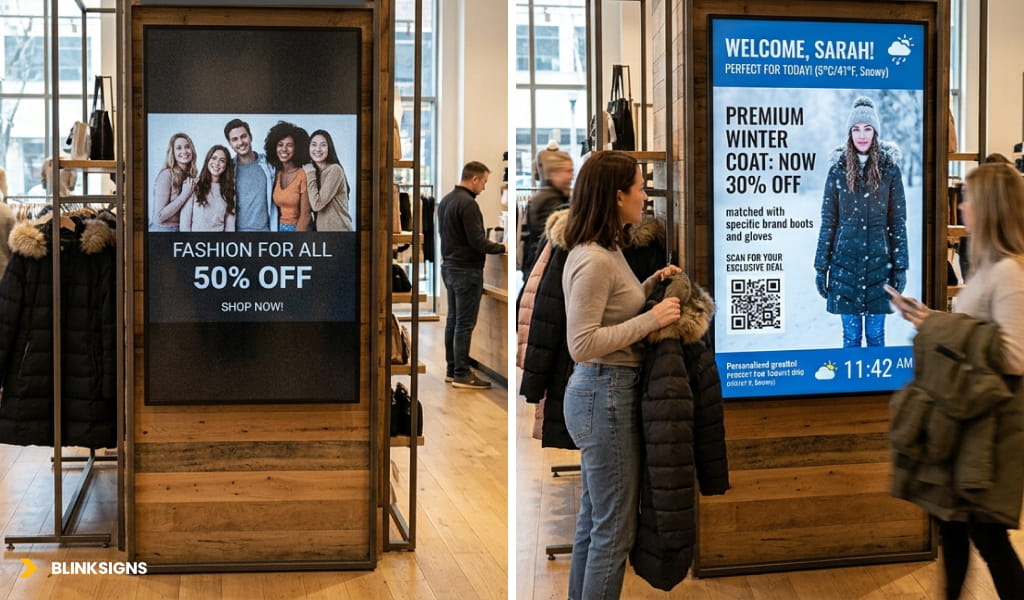 static signage showing a generic "50% off" ad vs. adaptive signage displaying personalized winter coat promotions based on real-time weather.
