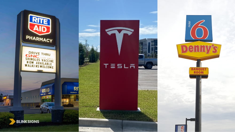 Pylon signs, monument sign and pole sign