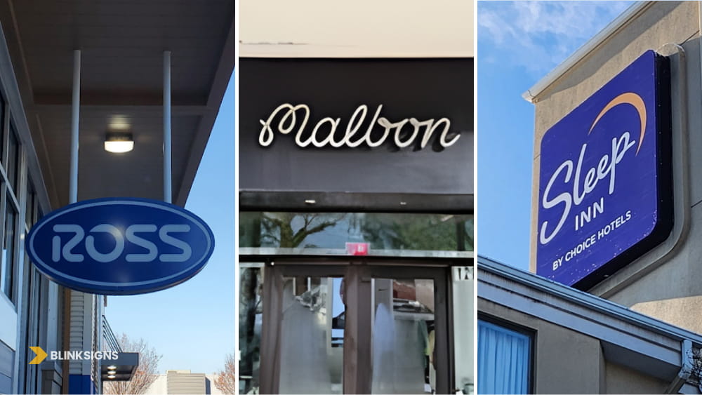 Blade sign for Ross, channel letters for Malbon and cabinet sign for sleep inn by BlinkSigns