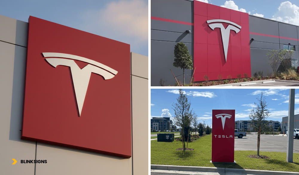 Cabinet Sign Cost Guide: Pricing by Size, Illumination, Face Type, Mounting, and Installation 2 Cabinet sign, monument signs, and channel letter for Tesla facility by BlinkSigns