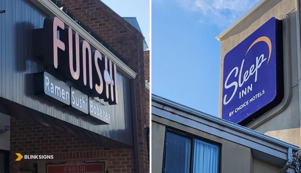 Funshi restaurant channel letter sign alongside a Sleep Inn building sign.