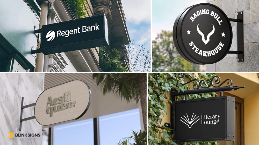 blade cabinet, Double-faced blade cabinet, Push-through letters, and architectural blade sign