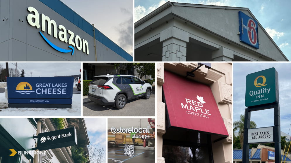 Grid displaying various business sign types, including wall signs, awnings, and pylons.