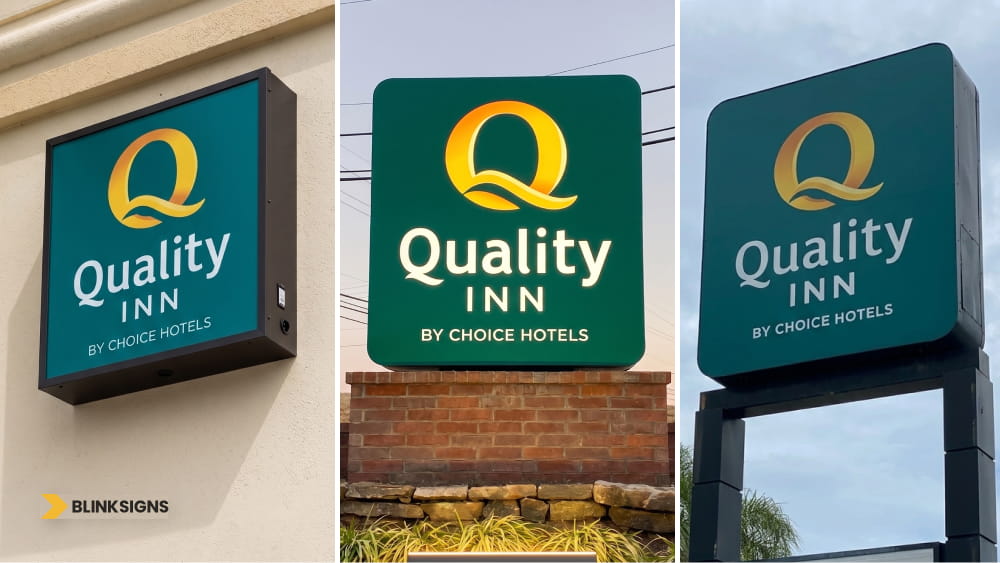 Cabinet Sign Cost Guide: Pricing by Size, Illumination, Face Type, Mounting, and Installation 4 BlinkSigns fabricated and installed Wall-mounted, monument-mounted, and pylon-mounted cabinet signs for Quality Inn Hotel