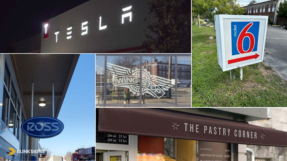 Collaged examples of commercial storefront signage types including channel letters, pole signs, and awnings.