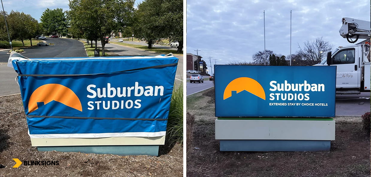 Side-by-side comparison of a Suburban Studios monument sign during repair installation and fully restored on-site
