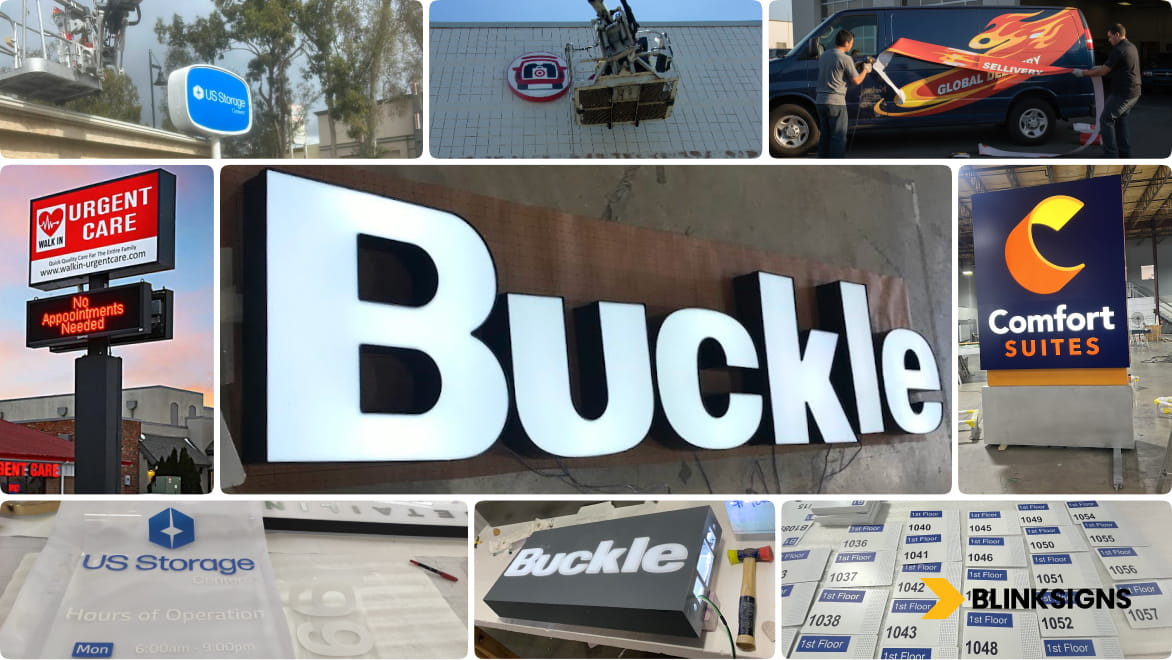 Grid showing various commercial signage types needing repair including channel letters, pylon signs, and vehicle wraps.