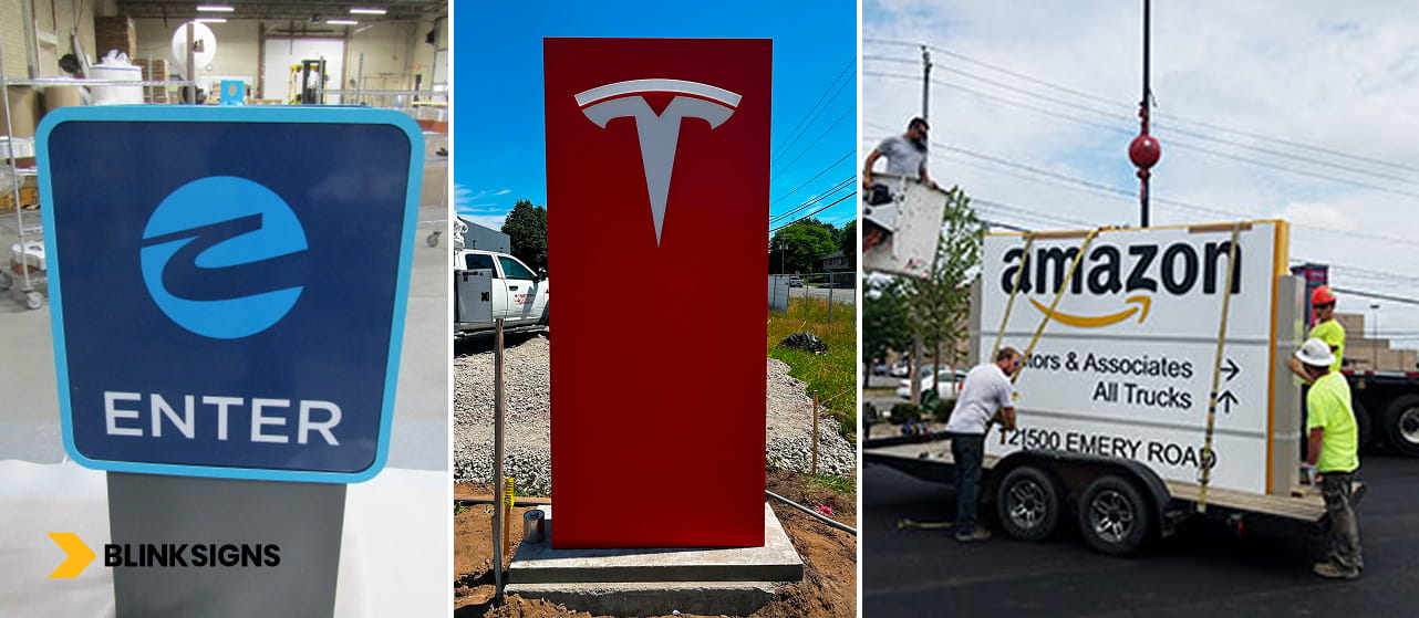 From LED retrofitting to full replacement including a blue enter sign, red Tesla monument sign, and an Amazon directional sign.