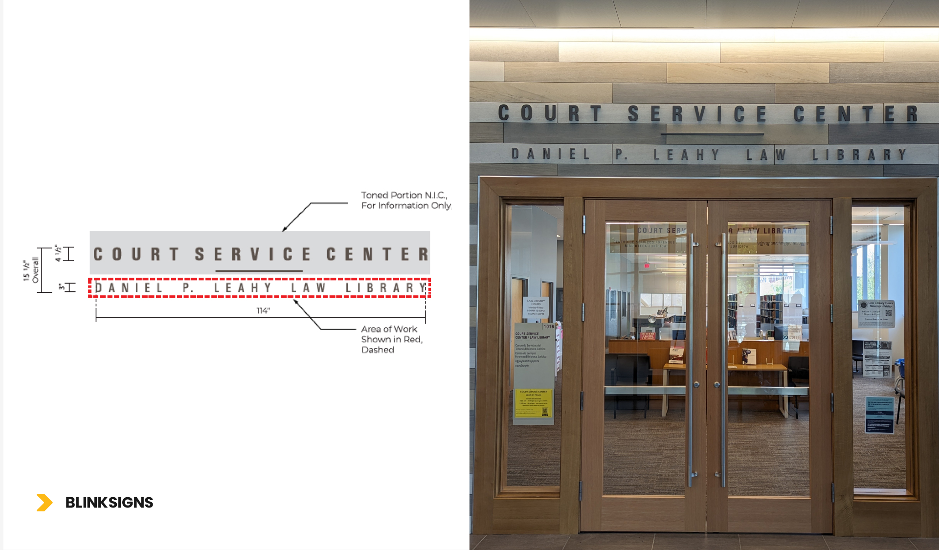 Flat Cut-Out Letters (Sign Type 1B) for door front of Leahy law library in Court Service Center, Lowell, MA