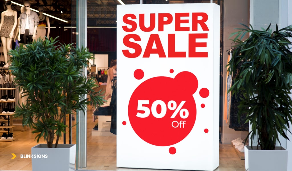 Promotional Signs of Super sale 50% in a Mall