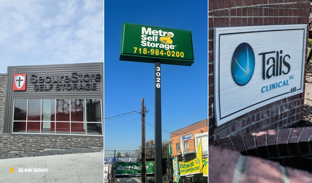 Traditional Signage of multiple stores including pylon signs and storefront signs by BlinkSigns