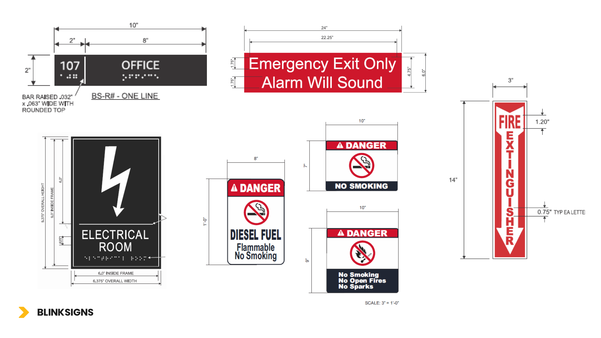 Diagram showing types of emergency exit signs, featuring measurements relevant to interior signage standards.