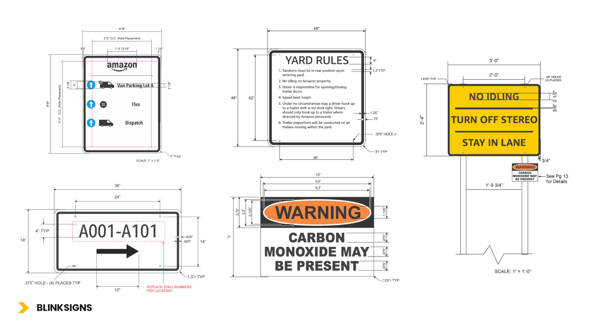Diagram showcasing various sign types, designs, and measurements for effective communication and navigation.