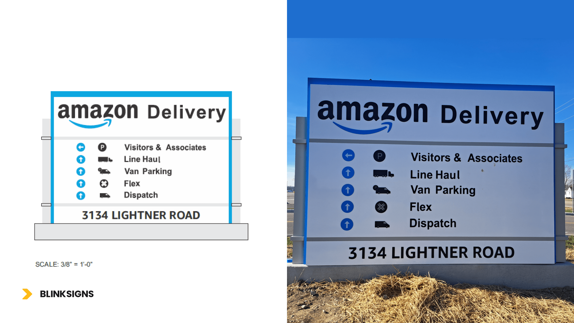 Two signs indicating Amazon delivery services are displayed side by side. One sign is design frame and the other one is real image after installation