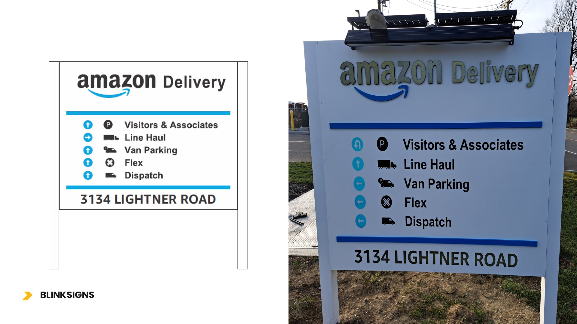 Installed pylon sign featuring Amazon delivery information alongside the Amazon logo, highlighting its design.