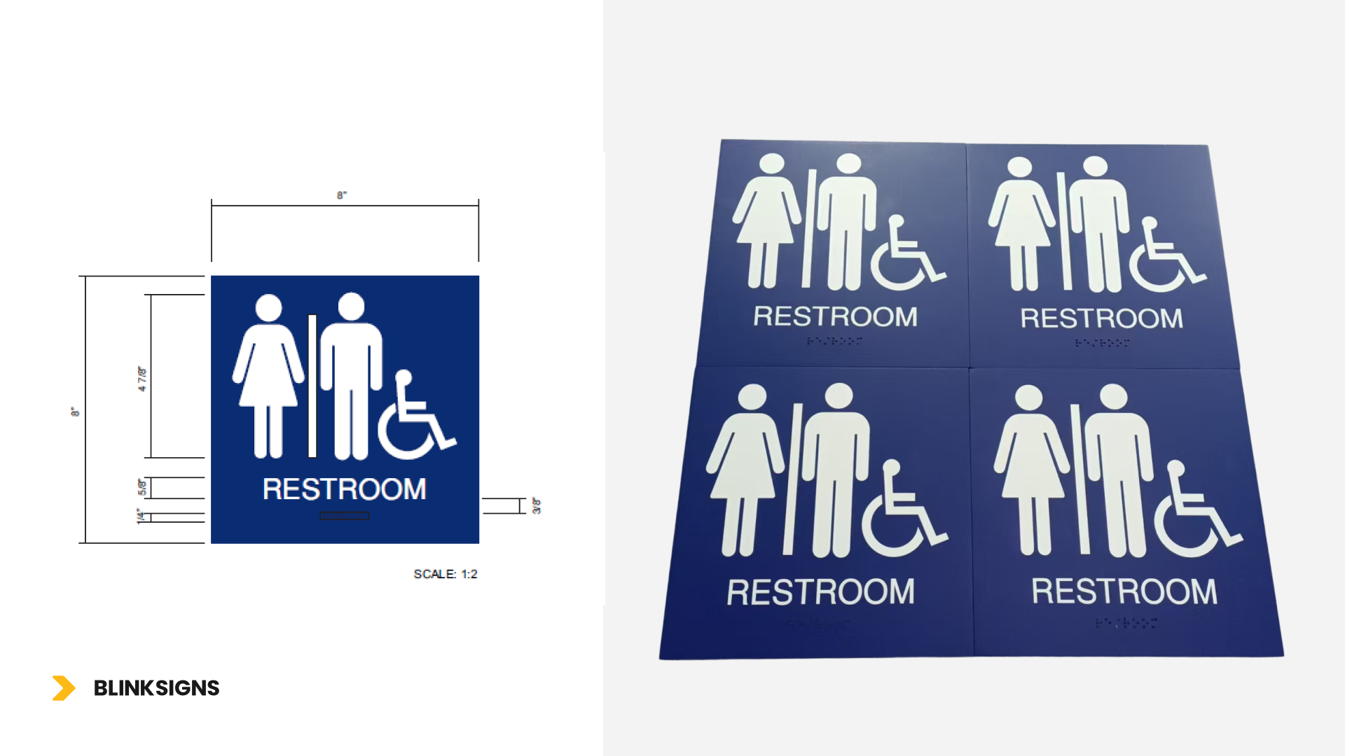A collage of two photos one side shows the measurements of Ada Signs and the other side shows same signage mounted on wall