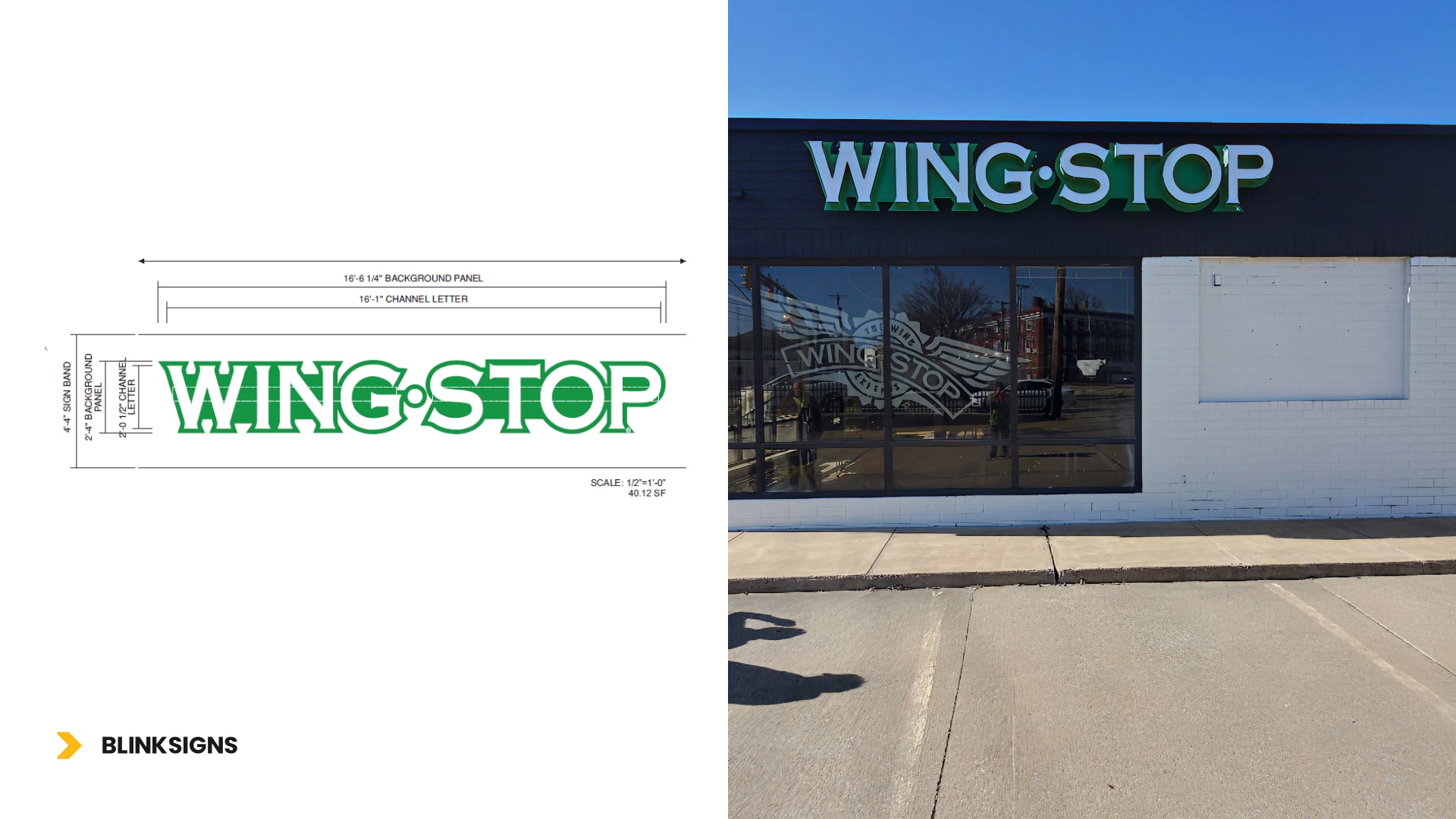 A building displays the Wingstop logo, illustrating the sign's measurements alongside its actual installation.