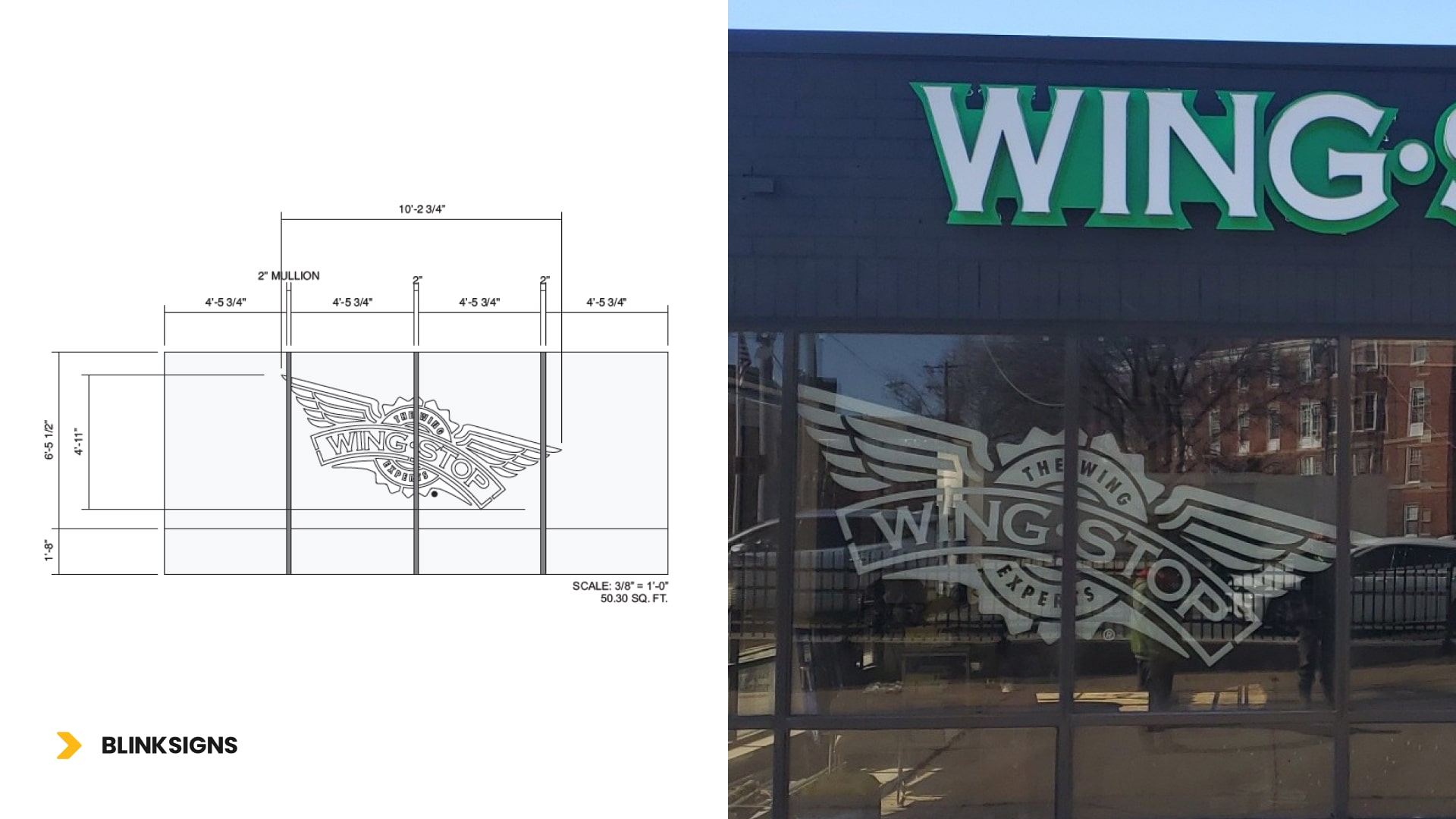 Display of Wingstop logo die cut measurements on the left, with a real window installation of the logo on the right.