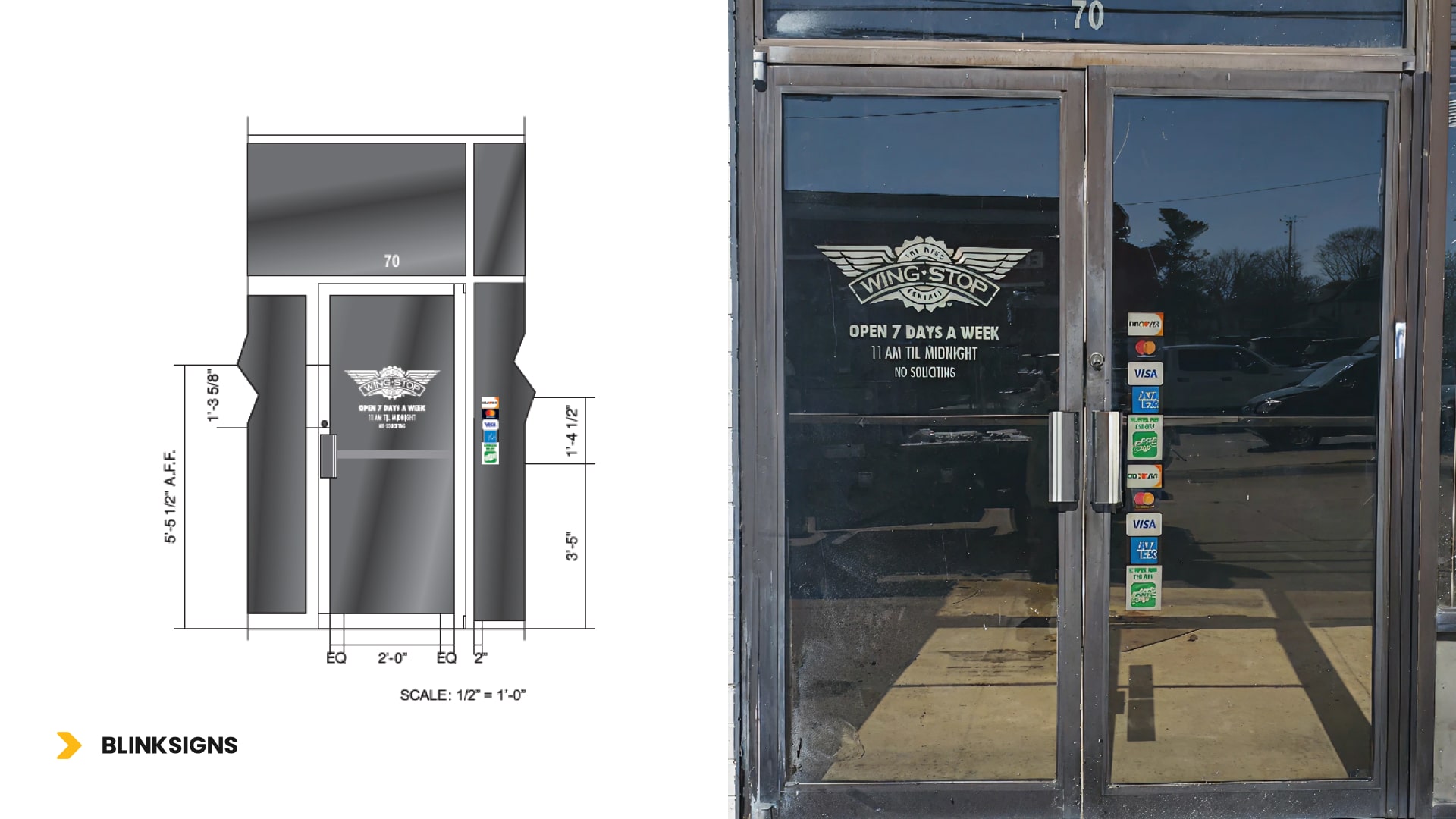 A door displaying an "open" sign, with a collage of Wingstop vinyl graphics measurements on the left and real installation on the right.