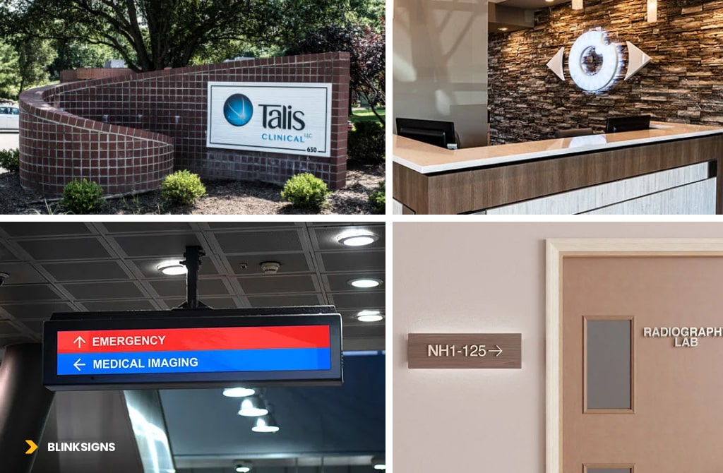 Specialty Clinic Signage in Portland (OR): Integrating Brand Identity with Local Environmental Design Codes 2 a collage of different signage type of hospitals, monument sign, lobby sign, wayfinding sign and room signs.