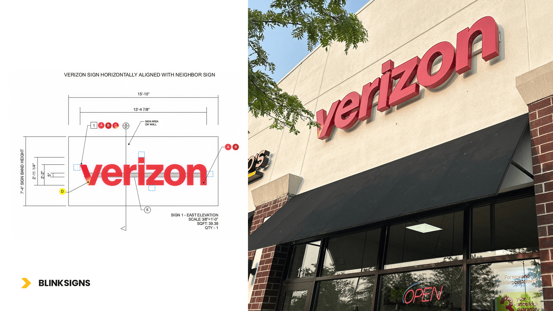 Verizon store sign with the recognizable logo, signaling the presence of a retail location for mobile and internet services.