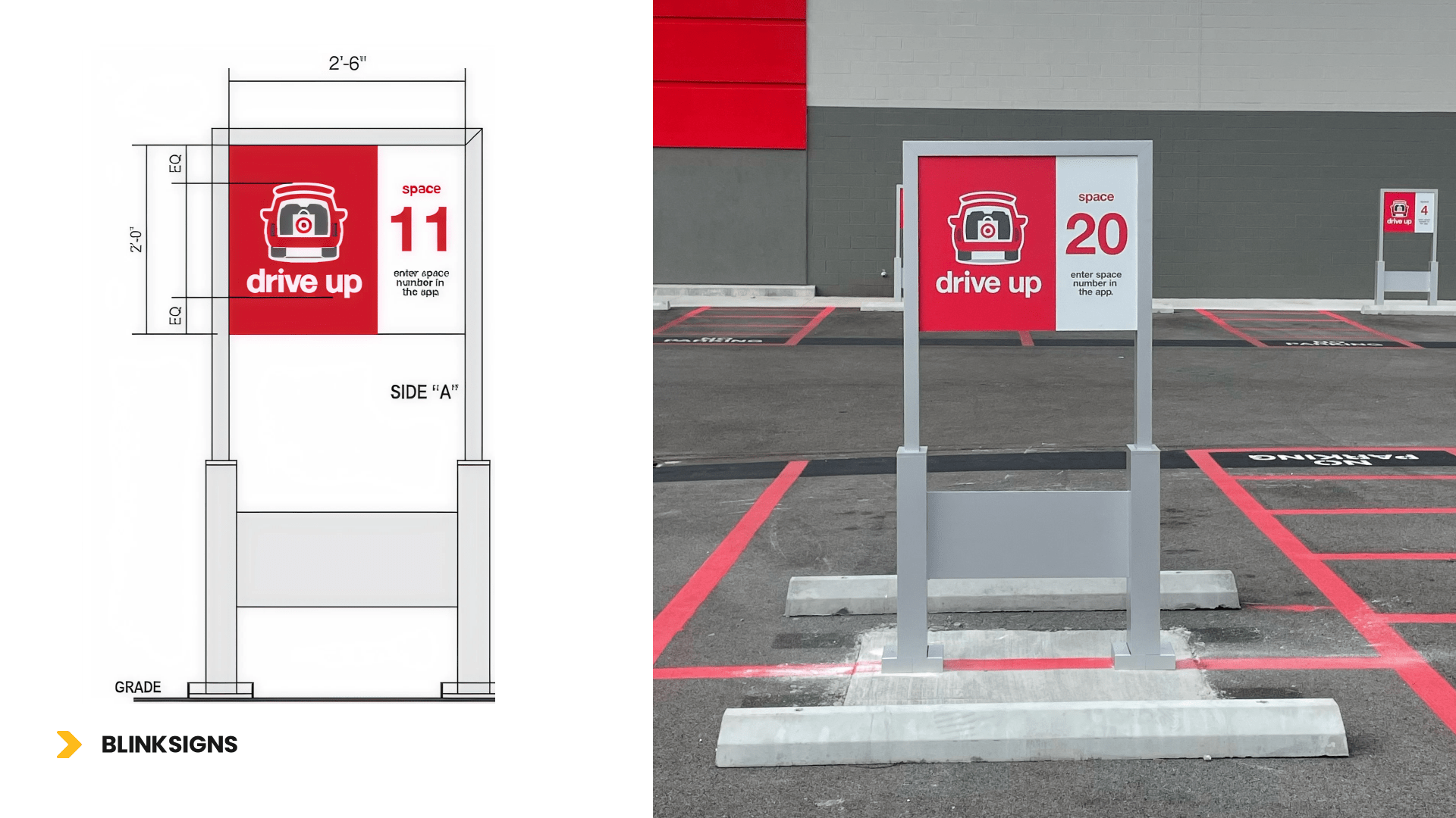 Drive-up stall sign design and measurements with real signage on site
