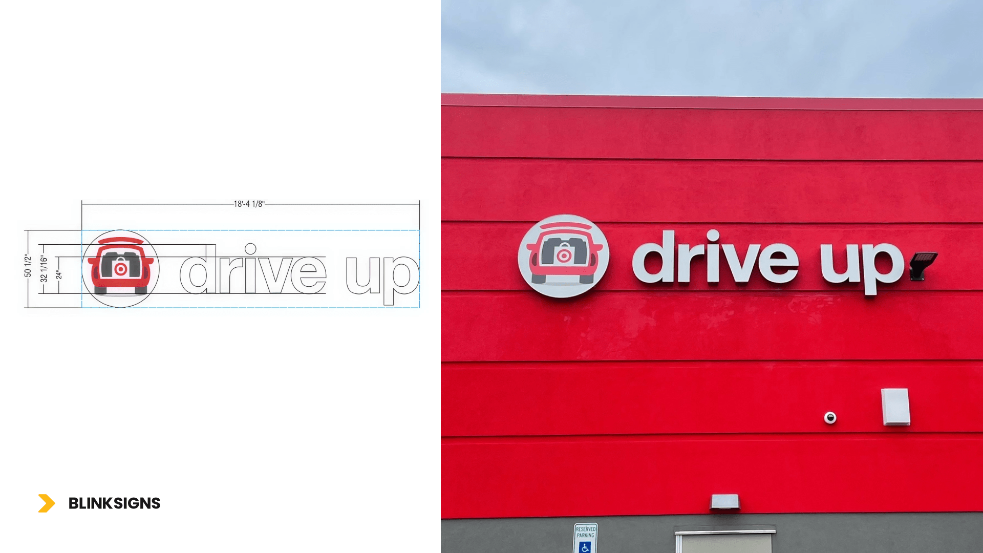 Signage design featuring the words "Drive Up" in bold, modern typography with a dynamic arrow element.
