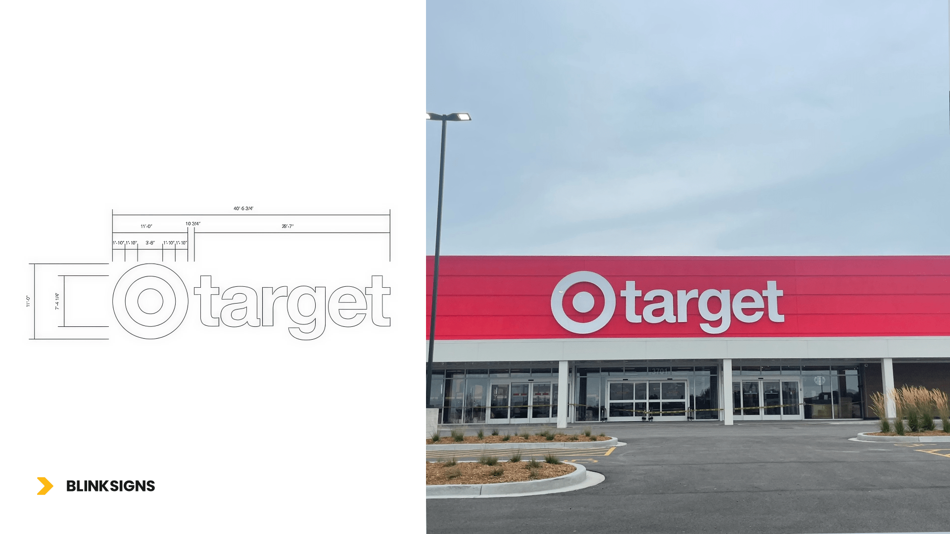 target signage measurements and design on one side and on other side the real installed sign at their storefront in Quincy, IL
