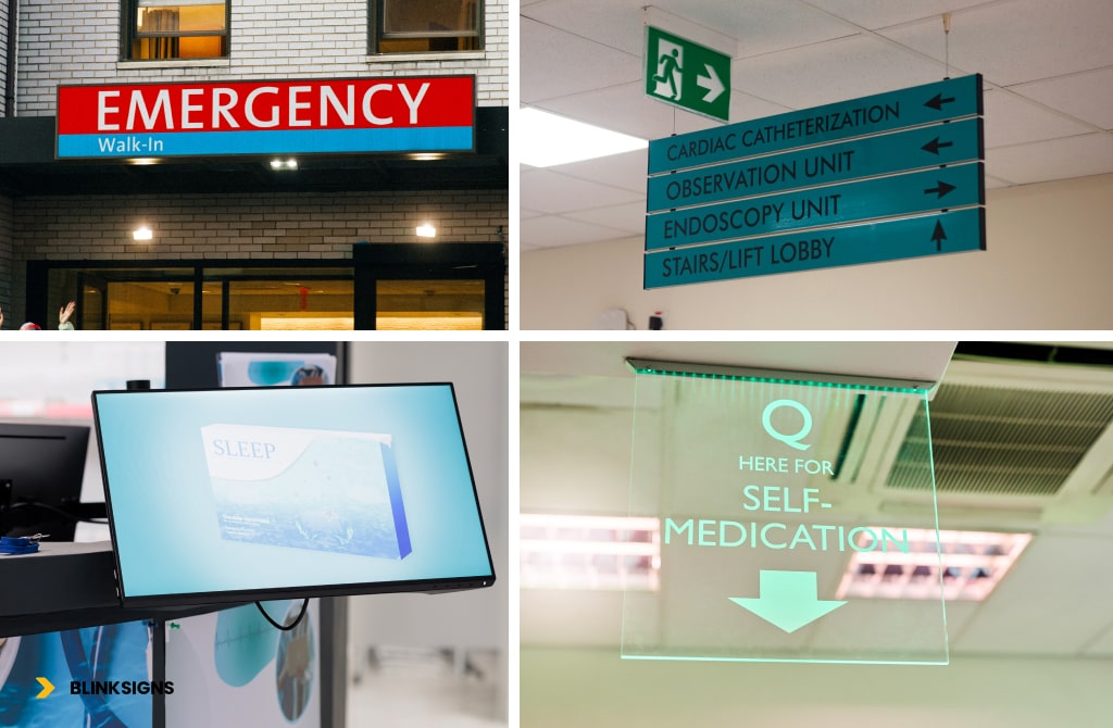 Specialty Clinic Signage in Portland (OR): Integrating Brand Identity with Local Environmental Design Codes 3 Different wayfinding signs in hospital, digital kiosk, led signage, and directional signage