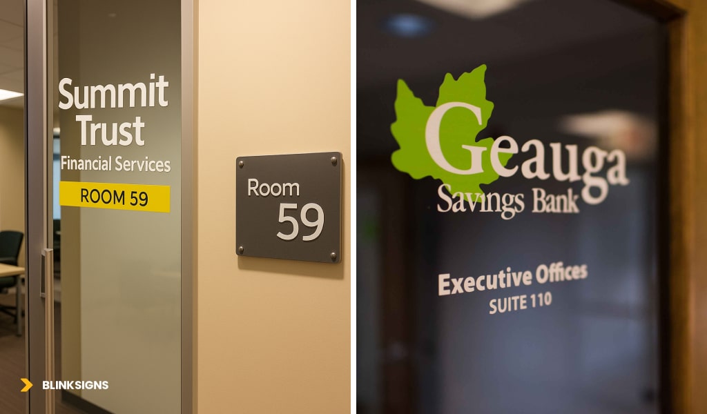 Window graphics for banks, showing two different doors with visuals on it