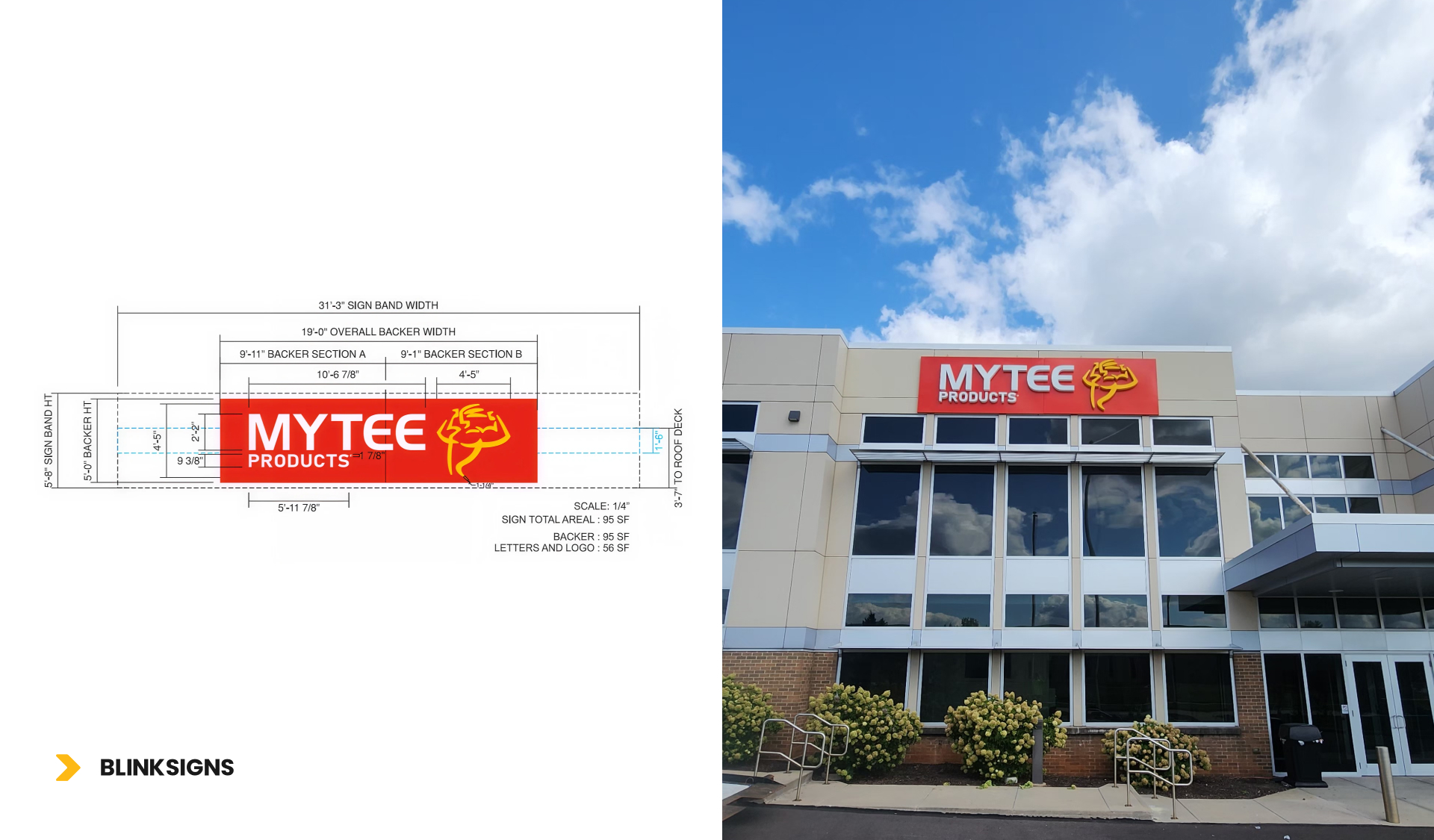 Mytee signage featuring product design with a real image representation on the site.