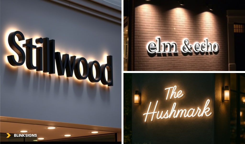Boutique Hotel Signage in the USA 4 halo-lit channel letters, led neon sign, and spotlights on signage