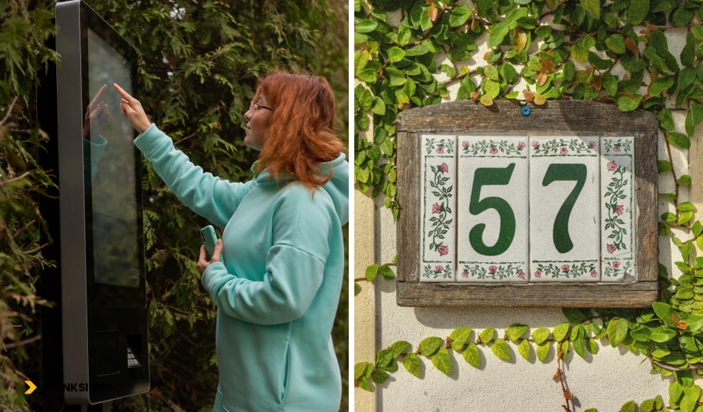 Boutique Hotel Signage in the USA 5 digital display kiosk in a park and a hand crafted room number