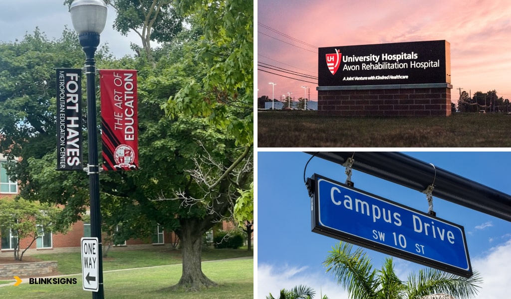University Campus Signage Guide: Wayfinding, Legacy & Design 2 Collage of Wayfinding signage of different educational institutions