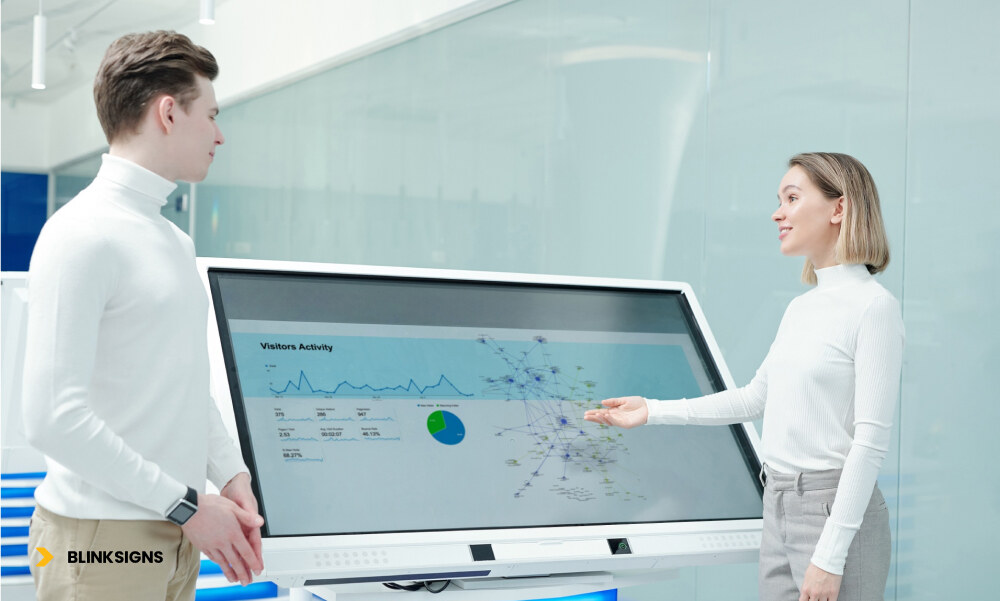 Digital Signage Trends: AI, Interactivity, and ROI-Driven Innovation 4 a man and a woman interacting with digital signage