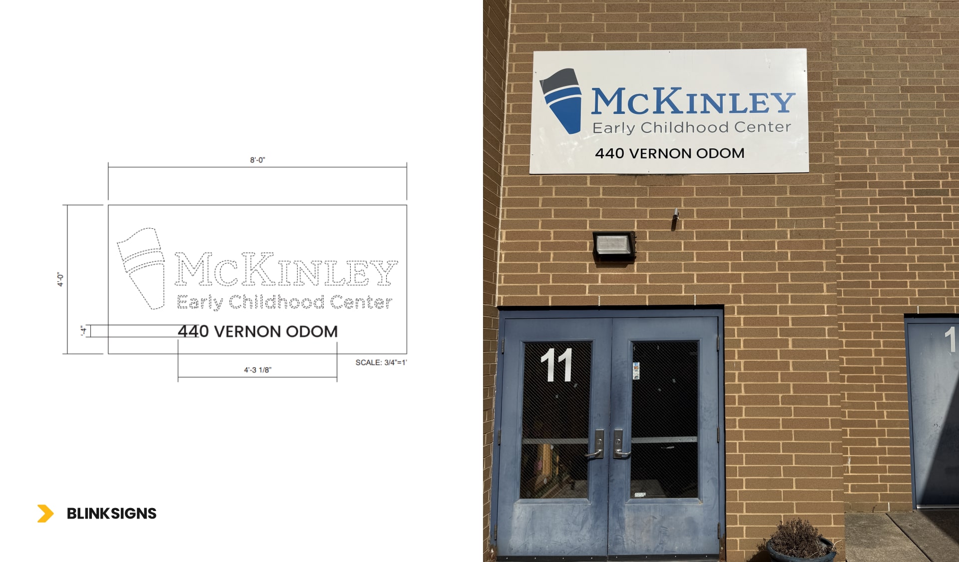 a collage of two images, one showing McKinley daycare center logo measurements and other one showing vinyl sign on front of building
