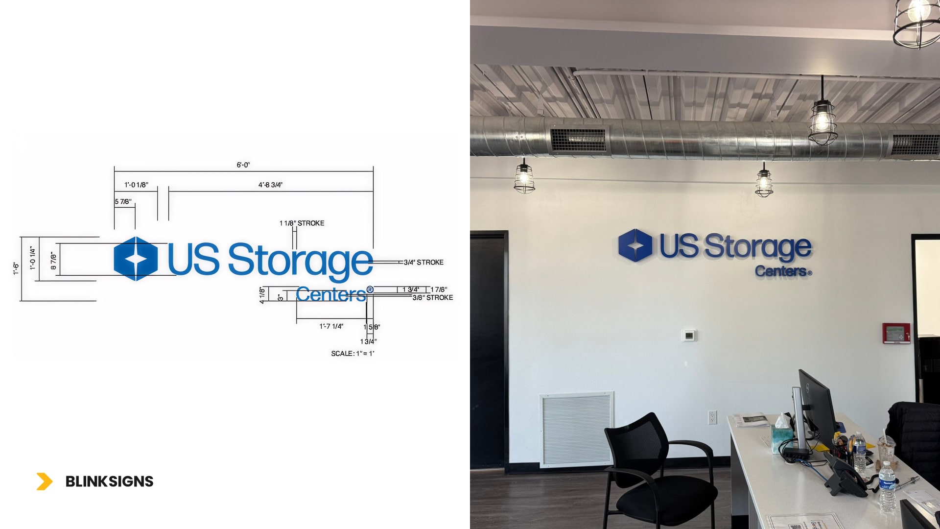 US STORAGE Logo mounted on wall in their office at LA