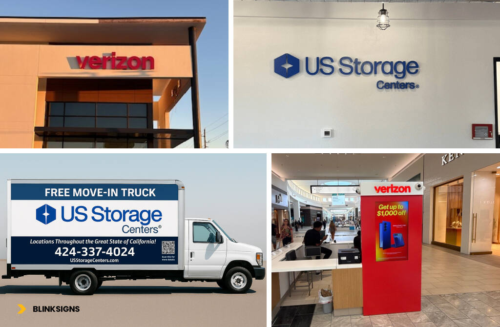 Multi-Location Signage Standardization: Brand Consistency Across Markets 3 Collage of signage types needing standardization across locations—Exterior signs, interior signage, Vehicle Graphics, and displays.