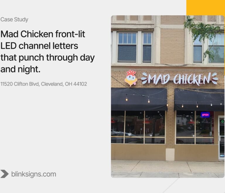 Mad Chicken front-lit LED channel letters that punch through day and night.