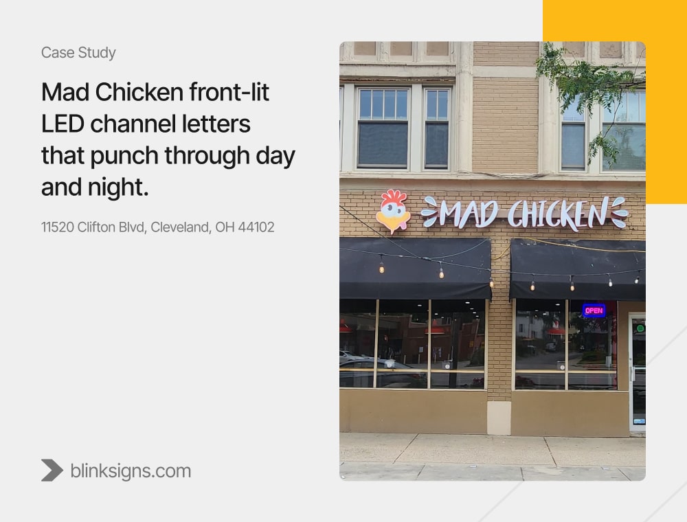 Blogs 51 Mad Chicken front-lit LED channel letters that punch through day and night.