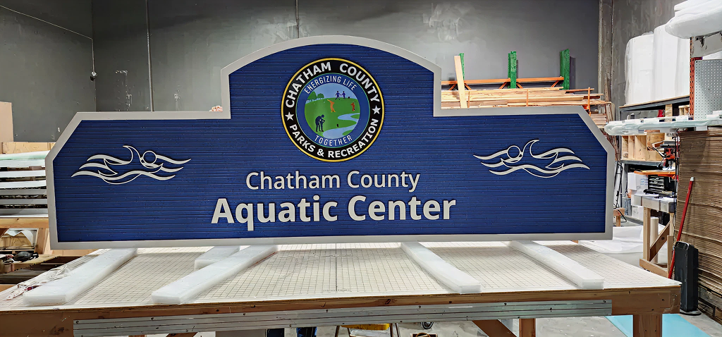 Signage for Chatham County Aquatic Center in a warehouse