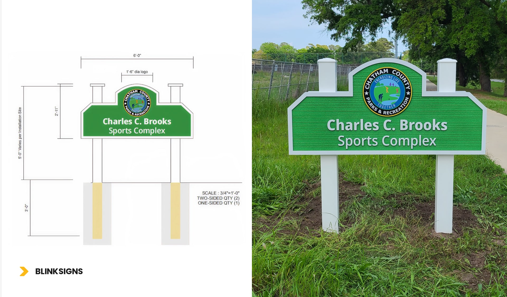 HDU sign design of Charles C. Brooks Sports Complex, With real signage installed in Savannah, GA