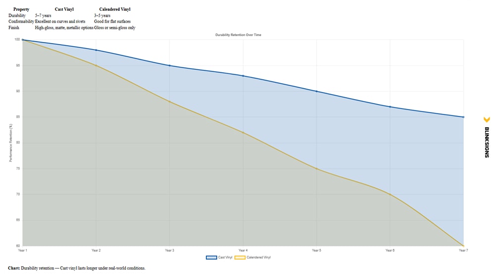 Guide to Vehicle Wraps: Design, Materials & Installation 4 Line chart comparing durability retention between cast and calendered vinyl over 7 years.