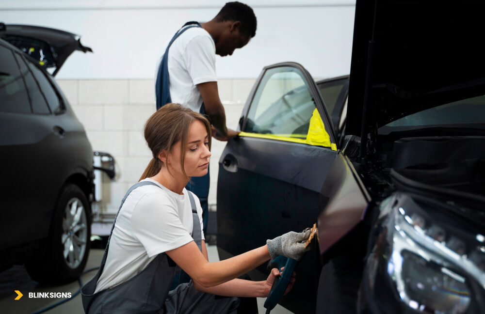 professionals wrapping a car in a workshop