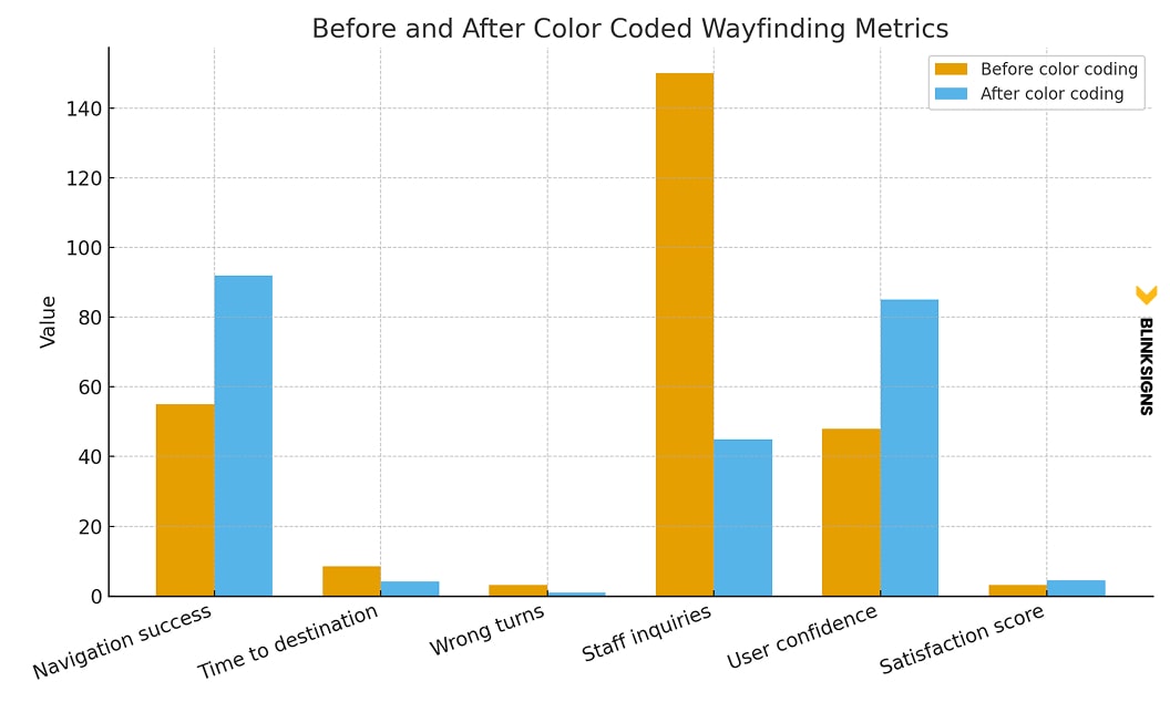 Wayfinding Color Psychology: How Design Choices Influence Navigation 6 before and after color coded wayfinding metrics bar chart by blinksigns
