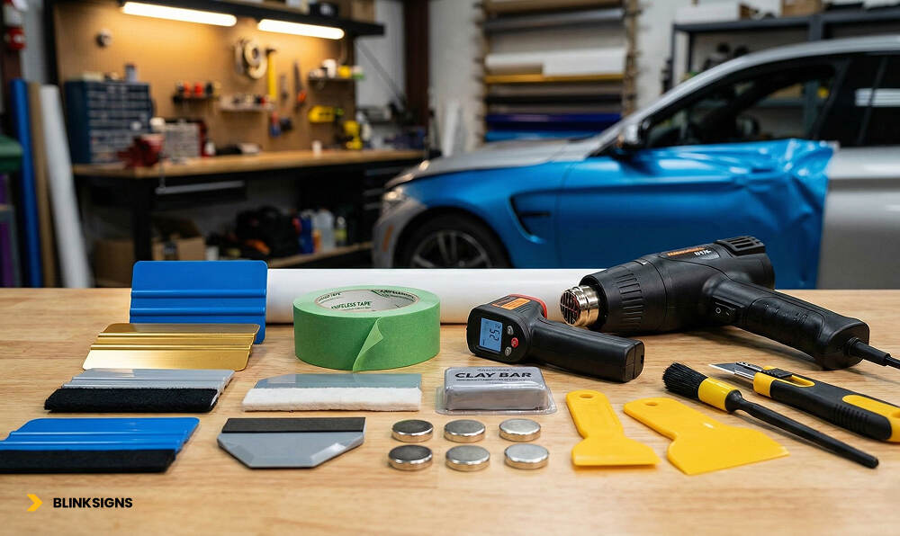 A table with tools used for vehicle wrap installation on it, behind is half wrapped car in a workshop