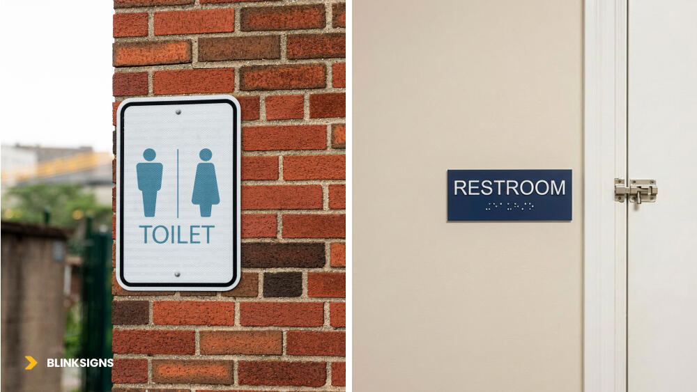 World Braille Day 2026: People Behind the Signs 3 collage of toilet signs one on a brick wall on a height and other ADA braille compliant sign of restroom on a plain wall